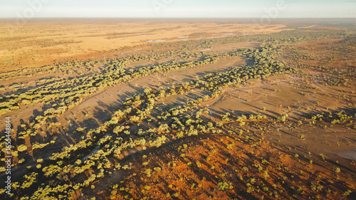 Drone photography of the bush at sunrise inbetween Bedourie and Boulia, Queensland, Australia