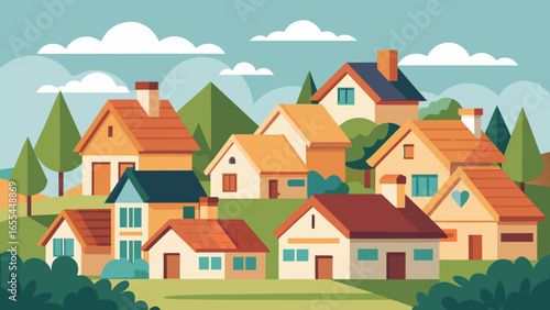 Charming village scene with cozy houses and green hills