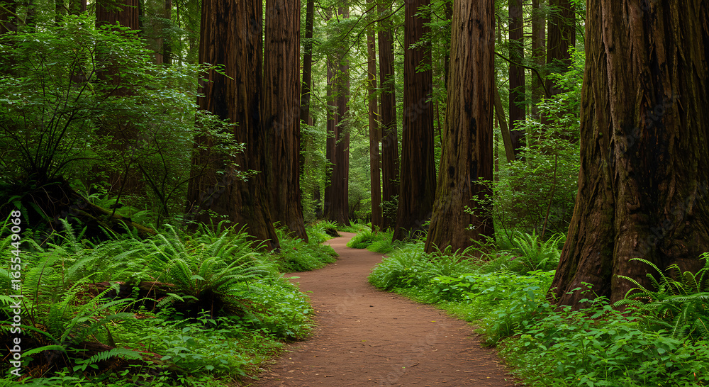 Obraz premium A winding dirt path through a lush green redwood forest with tall trees and ferns
