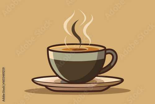 Steaming cup of coffee on a saucer with a light brown background
