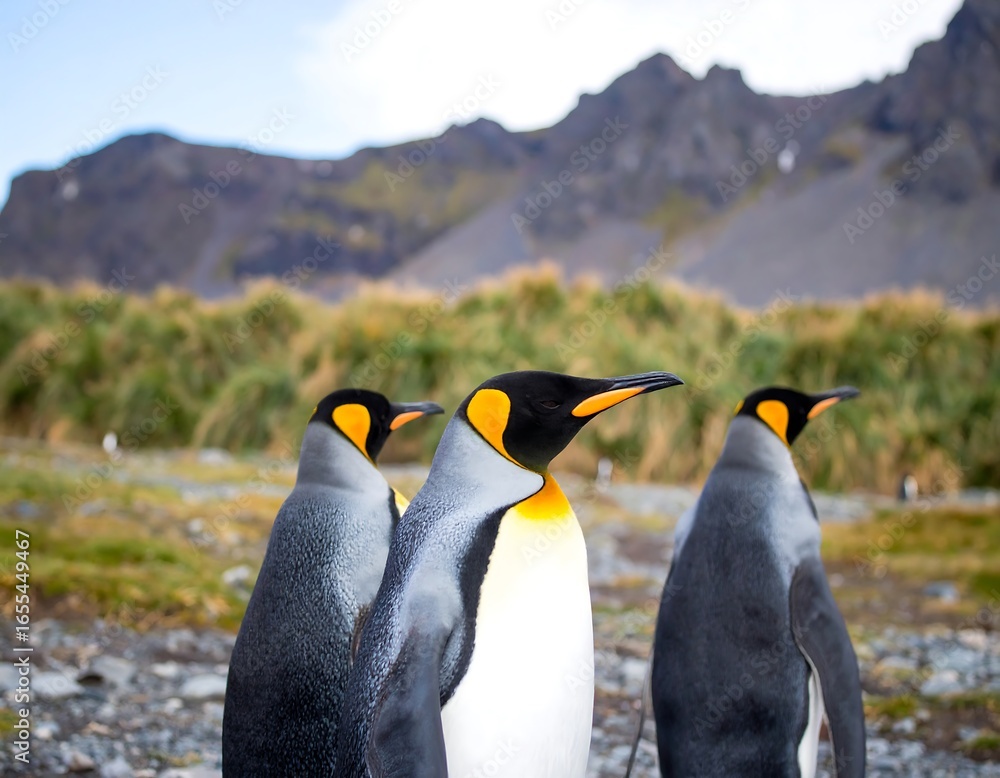 Fototapeta premium Three penguins stand on a rocky shore, mountains in the background