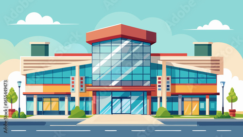 Modern commercial building with glass facade and blue sky