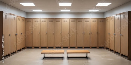 locker room with wooden doors and lockers in a sports facility