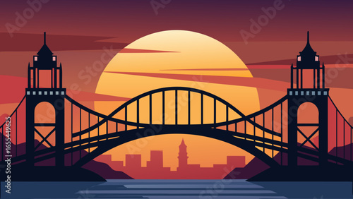 Stylized suspension bridge silhouette against a vibrant sunset sky with city skyline