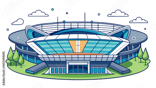 Modern stadium building with blue and white architecture and green surroundings
