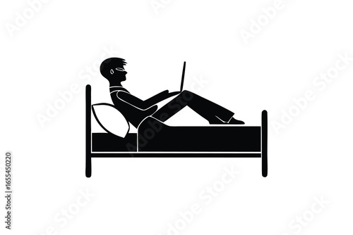 Man working on laptop in bed silhouette isolated on white background