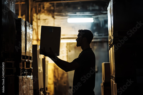 A silhouette shows a worker in a warehouse examining a cardboard box. 