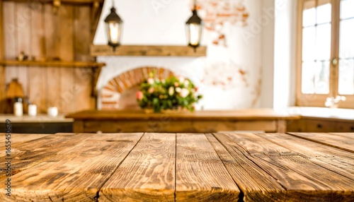 Rustic wooden table in a farmhouse kitchen scene