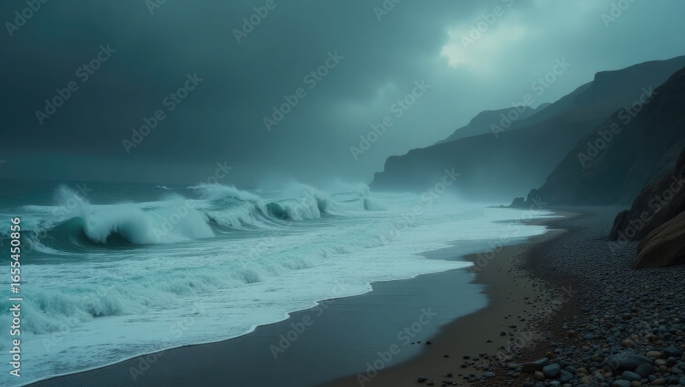 Obraz premium Dramatic waves crashing on a pebble beach under a stormy sky.