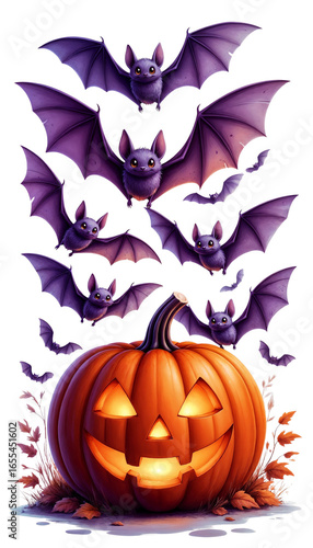 Halloween pumpkin with glowing face and flying bats in background  