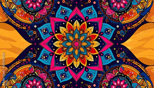 Vibrant mandala design with ornate details on a textured background