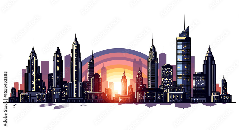 Obraz premium Illustration of a cityscape with tall buildings and a sunset in the background creating a skyline view on transparent background