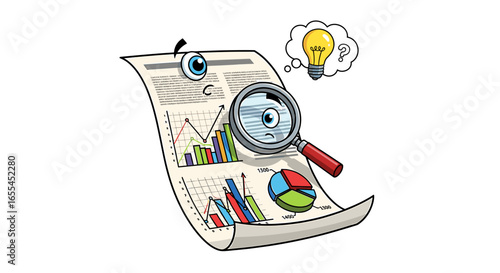 Cartoonish data analysis with magnifying glass and lightbulb idea on a financial report document sheet paper on transparent background
