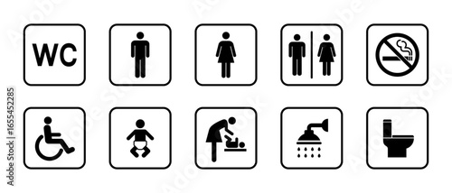 Toilet icon set. WC sign. Washroom, male, female, unisex accessible, baby changing table room, shower, handicap, No smoking symbol. Public bathroom pictogram. Transparent png and vector illustration.