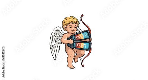 Cupid holding two kkem labeled devices with bow and arrow and angel wings on a white background on transparent background