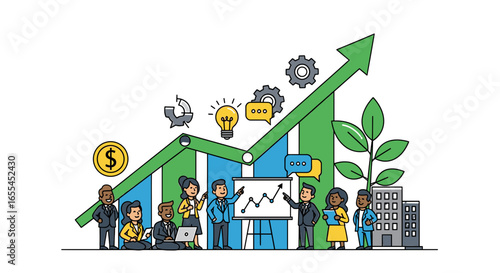 Illustration of business team presenting growth chart with icons and building backdrop concept design on transparent background