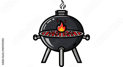 Illustration of a black charcoal grill with red grill grates and a flame on top, standing on three legs on transparent background