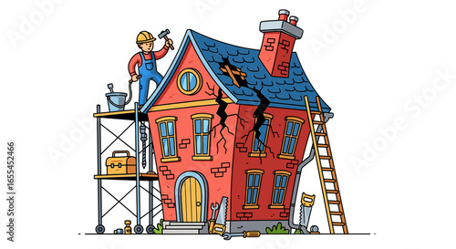 Cartoon house with cracks being repaired by a construction worker on scaffolding near a ladder outside on transparent background