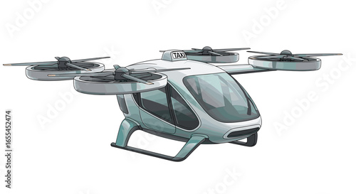 Illustration of a futuristic air taxi with four rotors and a sleek design on a white background on transparent background