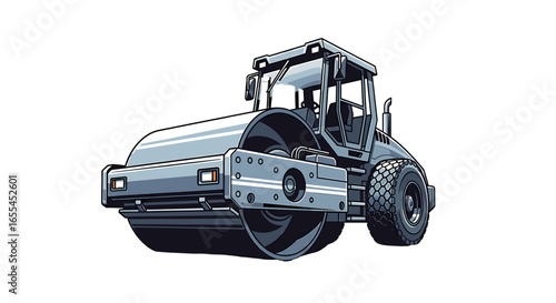 Illustration of a gray road roller machine with a large roller and cab on a white background scene on transparent background