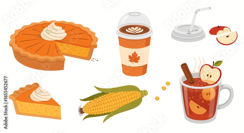 Comprehensive Autumn Feast Vector Collection: Full Pumpkin Pie, Slice, Pumpkin Spice Drink, Corn, and Apple Cider Graphics