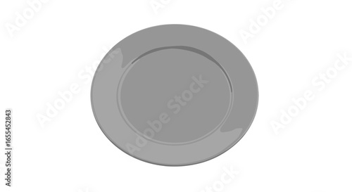 A simple gray plate is centered on a white background with a subtle shadow and a glossy appearance on it on transparent background