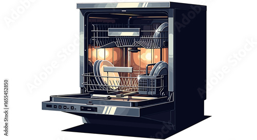 A dishwasher with its door open revealing racks filled with plates and utensils inside the appliance view on transparent background