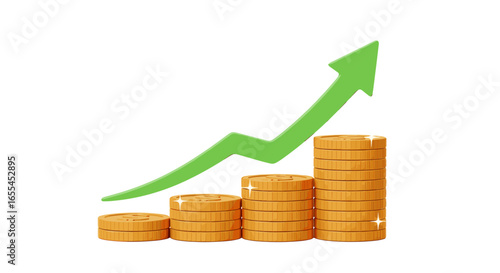 Stacks of golden coins increasing with a green arrow pointing upwards indicating financial growth and success on transparent background
