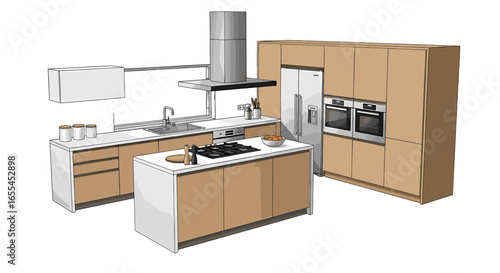 A modern kitchen illustration featuring an island, cabinets, refrigerator, and a range hood over the stove top on transparent background