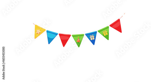 Colorful party banner with star gift and party hat icons hanging on a string for celebration decoration on transparent background