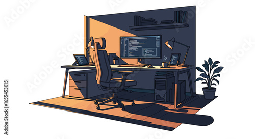 Illustration of a home office setup with computer, desk, chair, and plant in a well lit and organized space on transparent background