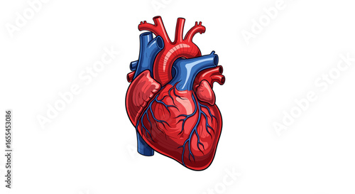 Illustration of a human heart with red and blue vessels on a white background for medical presentations and art projects on transparent background