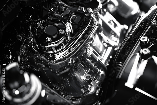 A black and white close-up of a chrome engine. Reflective surfaces highlight mechanical components.
