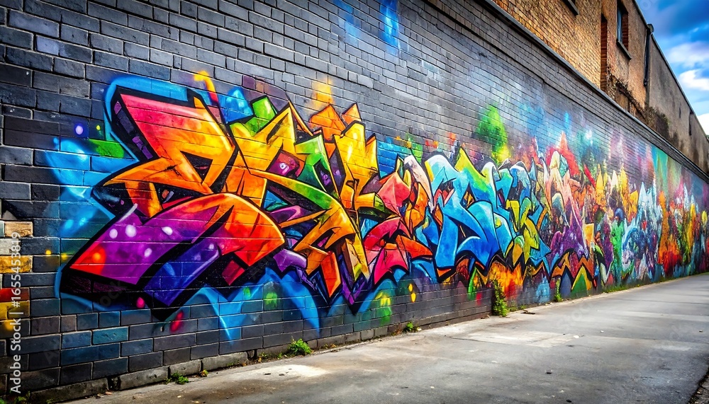 Fototapeta premium Vibrant Graffiti Art Mural on Brick Wall with Urban Street Scene, and Colorful Background.