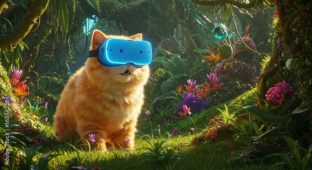 Obraz premium VR Cat in Wonderland: A fluffy cat, adorned with VR goggles, gazes curiously amidst a whimsical wonderland setting.