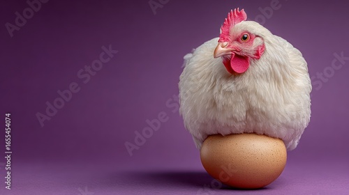 White chicken sitting on a brown egg against a purple background hen poultry