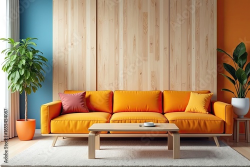 Orange couch in a modern living room with wooden paneling.