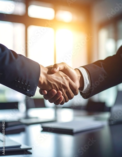 Businessmen shaking hands, office deal