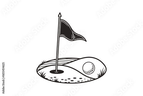 Golf hole with flag and ball silhouette isolated on white background