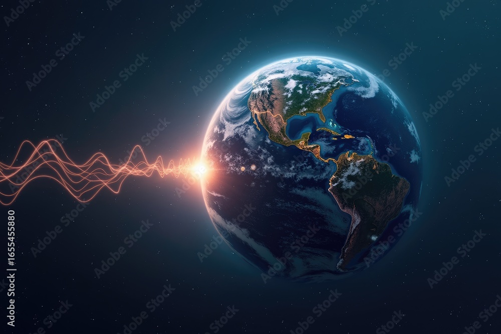 Obraz premium Earth surrounded by intricate energy waves in space.