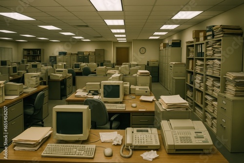 Nostalgic 1990s office space with CRT monitors and mountains of paperwork