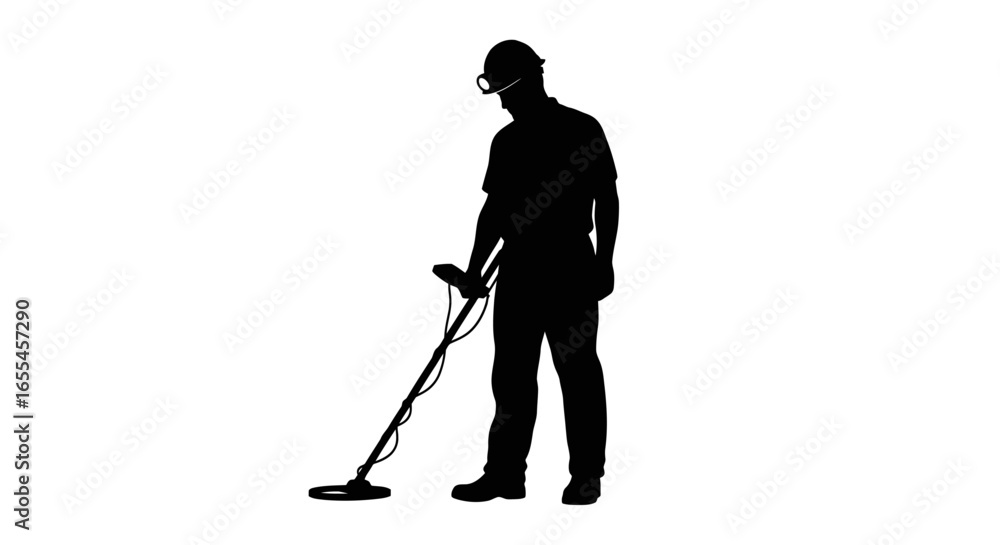 Obraz premium construction worker using metal detector safety first treasure hunting silhouette illustration for safety manuals training materials and construction site safety campaigns