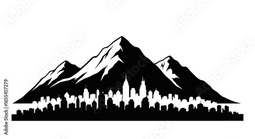 majestic mountains overlooking city skyline a powerful black and white illustration for corporate branding environmental projects and urban development concepts