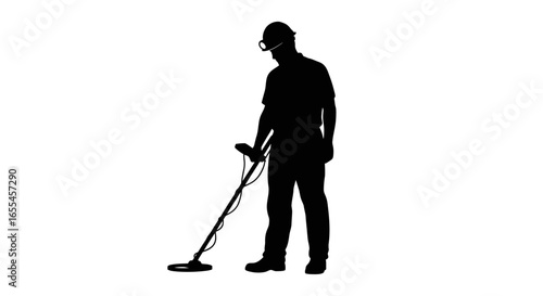 construction worker using metal detector safety first treasure hunting silhouette illustration for safety manuals training materials and construction site safety campaigns