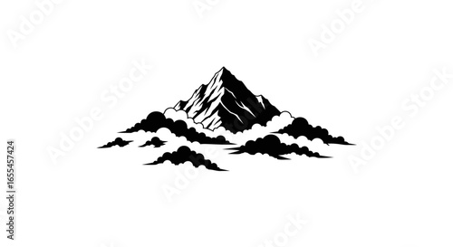 majestic peak above the clouds black and white mountain illustration for branding apparel and design projects
