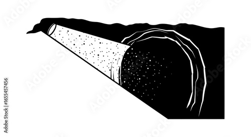 spotlight illuminating hidden cave entrance mysterious black and white illustration for adventure exploration and mystery themes