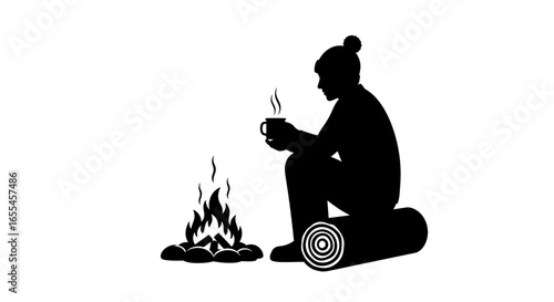 silhouette of person enjoying warm drink by campfire perfect for winter camping cozy relaxation and outdoor adventure designs