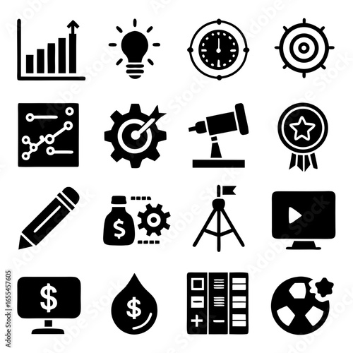 Collection of business and finance icons representing growth ideas strategy and success
