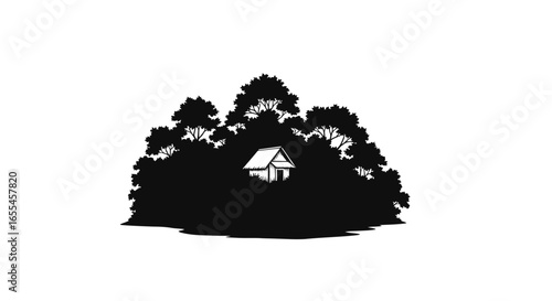 secluded cabin hidden in lush forest silhouette perfect for ecotourism nature retreat and wilderness escape branding