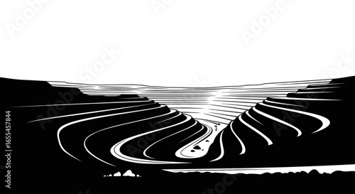 striking black and white illustration of an openpit mine perfect for mining industry reports environmental studies or conceptual art projects